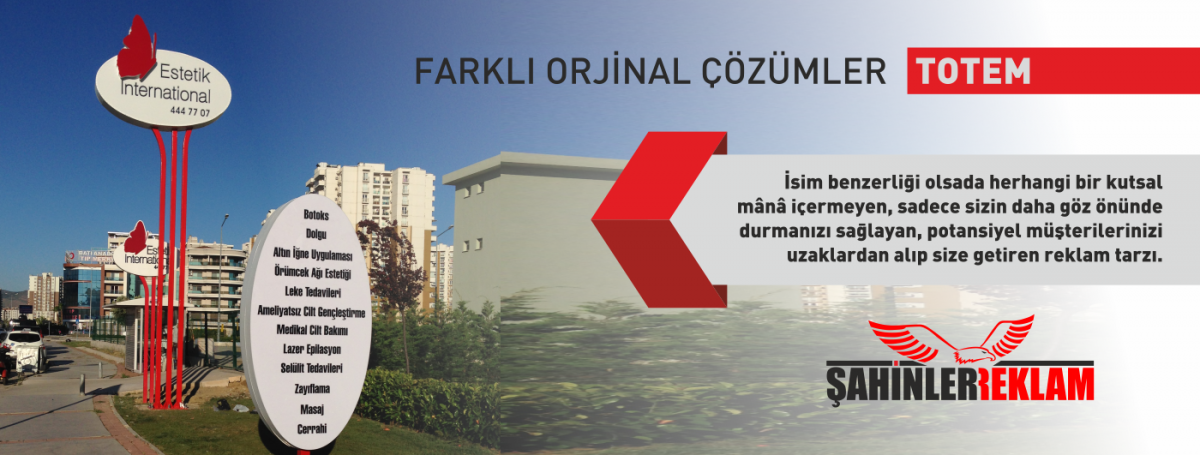 &lt;p&gt;Farkı &Ccedil;&ouml;z&uuml;mler; TOTEM TABELA. İsim benzerliği olsa da herhangi bir kutsal anlam i&ccedil;ermeyen, sadece sizin daha g&ouml;z &ouml;n&uuml;nde durmanızı sağlayan, potansiyel m&uuml;şterilerinizi uzaklardan alıp size getiren reklam tarzı.&lt;/p&gt;
&lt;p&gt;Totem uygulamalar yolda veya firmanızın bulunduğu yerde sizi fark ettirmeye yarar.&nbsp;Zaten reklamın temeli de budur. Akılda kalıcılık, ilgi &ccedil;ekicilik...&lt;/p&gt;
&lt;p&gt;Totem kelime manası kadar etkili bir reklam t&uuml;r&uuml;d&uuml;r. Uzun yollarda s&uuml;r&uuml;c&uuml;lerin dikkatini &ccedil;ekerek kazaya sebebiyet verecek abartı da totem tabela uygulamalarından meslek hayatımız boyunca ka&ccedil;ındık.&lt;/p&gt;
&lt;p&gt;Totem; yolu s&uuml;rekli kullananların ilgisini &ccedil;ekeceği gibi o g&uuml;zergahtaki potansiyel m&uuml;şterilerin size y&ouml;nlenmesini sağlar.&lt;/p&gt;
&lt;p&gt;İşletmenizin bulunabilirliğinizi arttırmak ve size uzak diyarlardan sebeplenmek istiyorsanız doğru tercih totem!&lt;/p&gt;